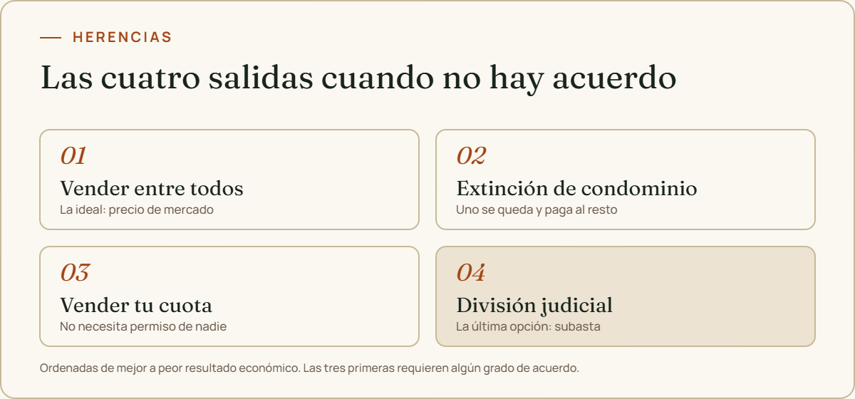 Las cuatro salidas: vender entre todos, extinción de condominio, vender tu cuota o división judicial